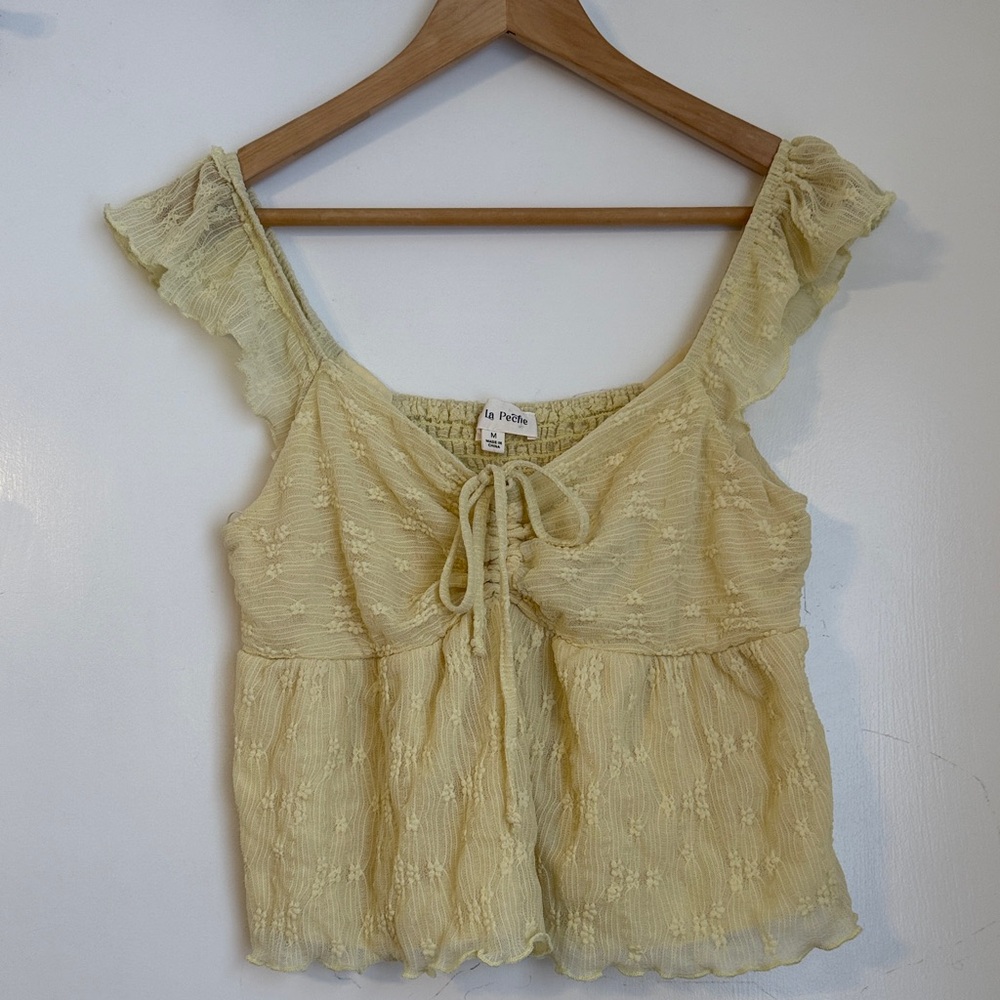 La Peche Yellow Ruffle Sleeve Top